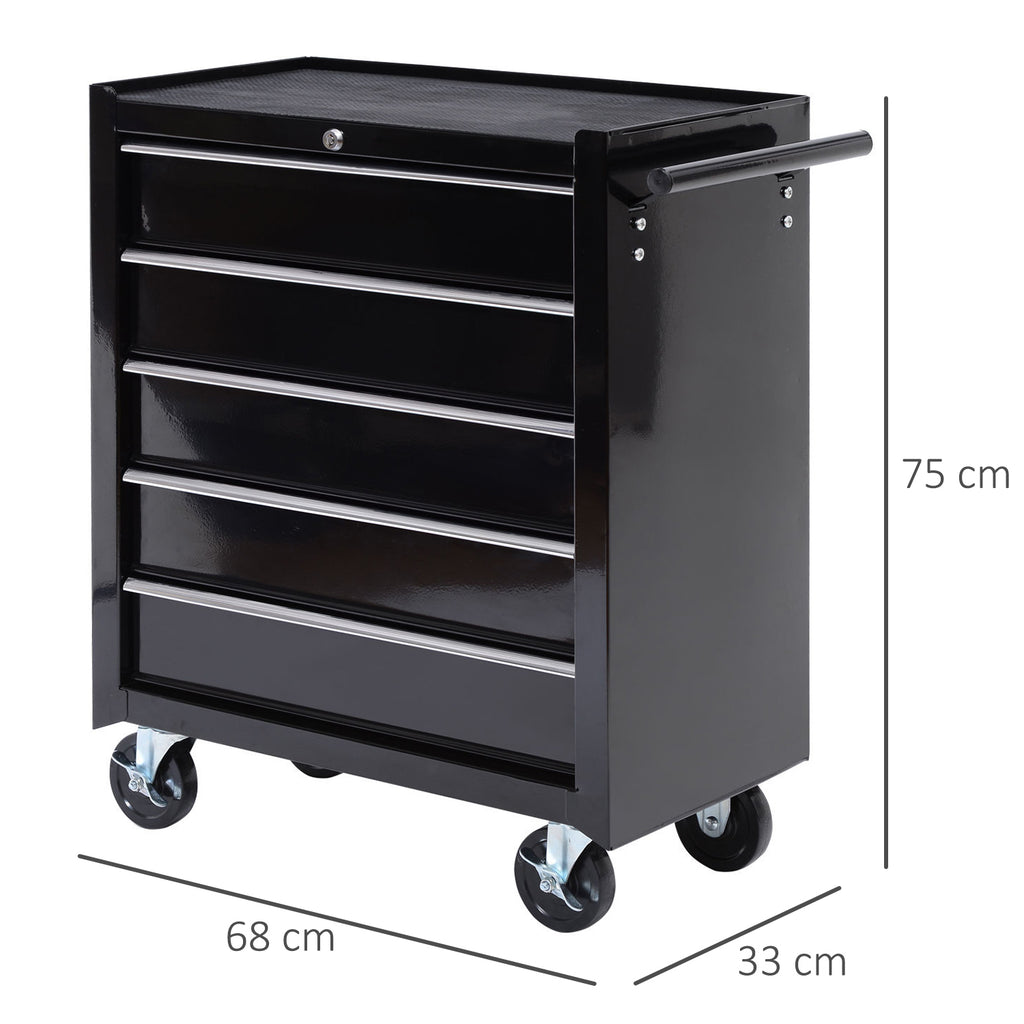 5-Drawer Tool Chest with Wheels, Steel Lockable Tool Storage Cabinet with Handle, 2 Keys for Garage, Workshop, Black