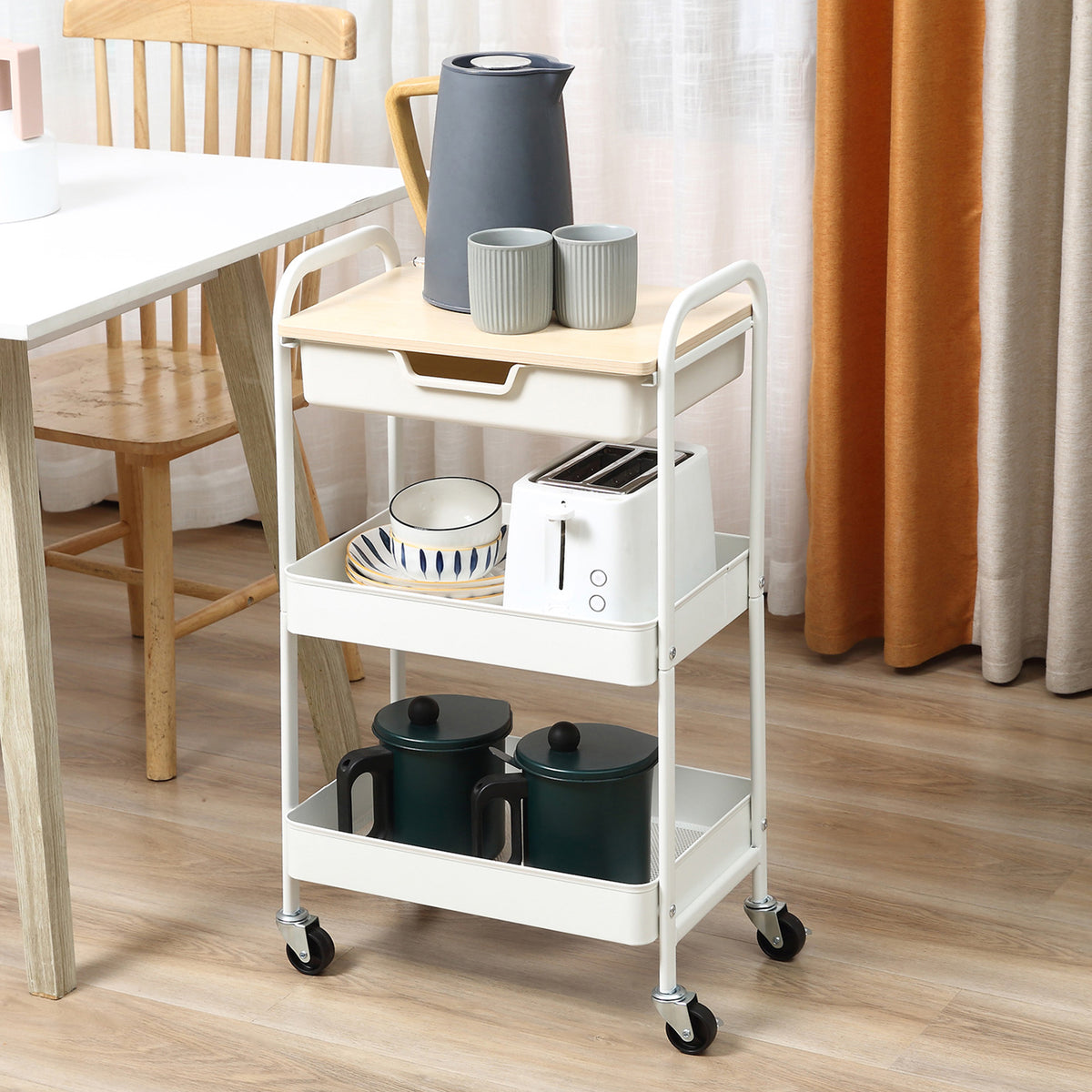 Rollbarer K¨¹chenwagen, 2 Regale, Schublade, Ablage, 4 Rollen, Griffe, Stahl, Wei?