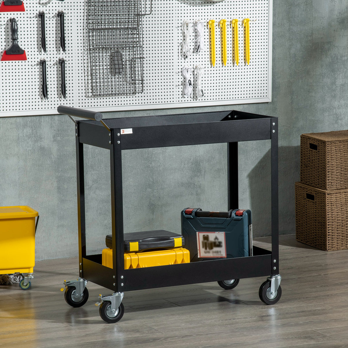 Werkstattwagen, 2 Etagen, Schubkarre, 4 Rollen, Stahl, bis 150 kg, 84,5 x 38 x 84 cm, Schwarz