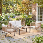 Gartenmöbel Set Sitzgruppe für 4 Personen Gartenlounge mit 2er Sofa 2 Sessel Lamell-Tisch Seilflecht waschbar Sitzkissen