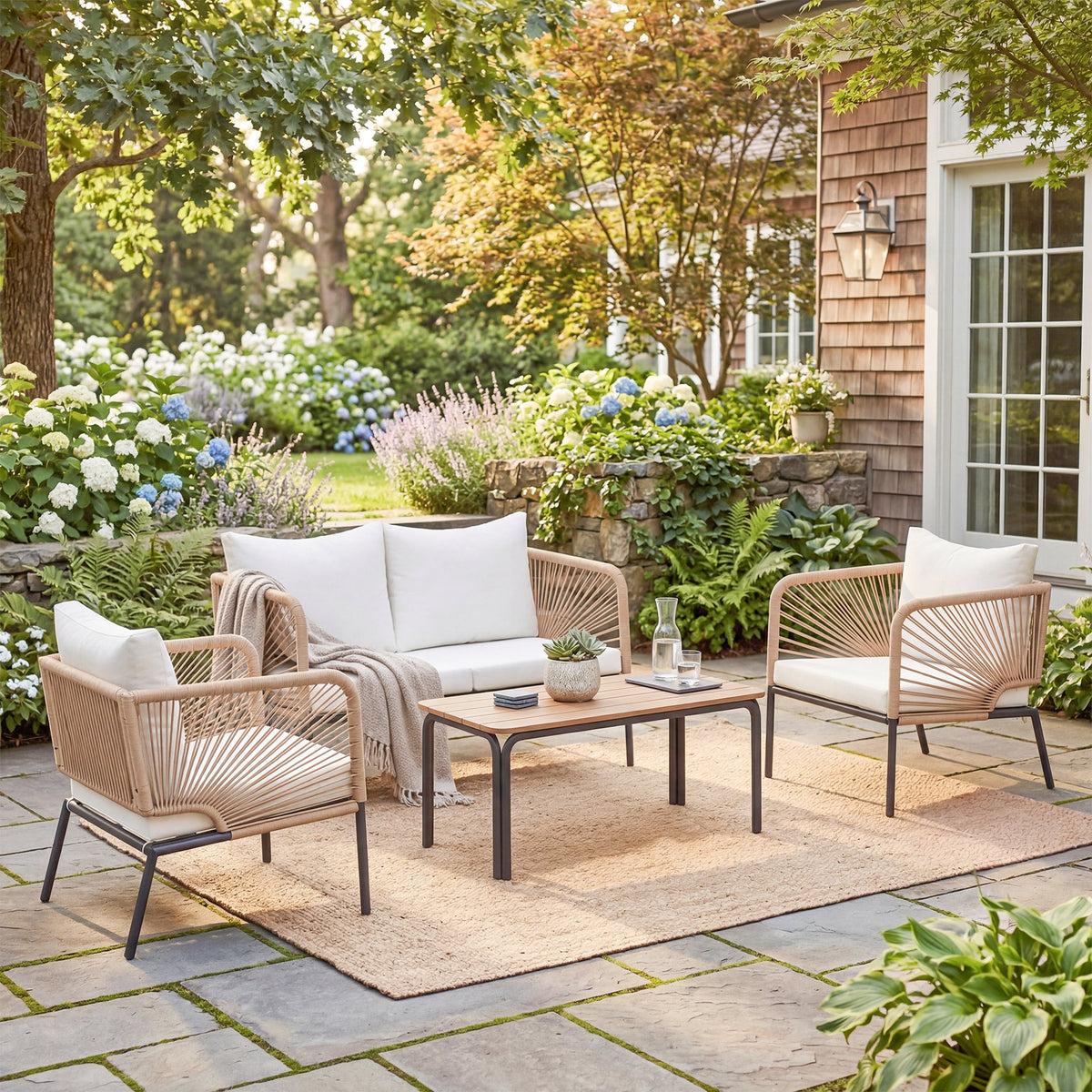 Gartenmöbel Set Sitzgruppe für 4 Personen Gartenlounge mit 2er Sofa 2 Sessel Lamell-Tisch Seilflecht waschbar Sitzkissen