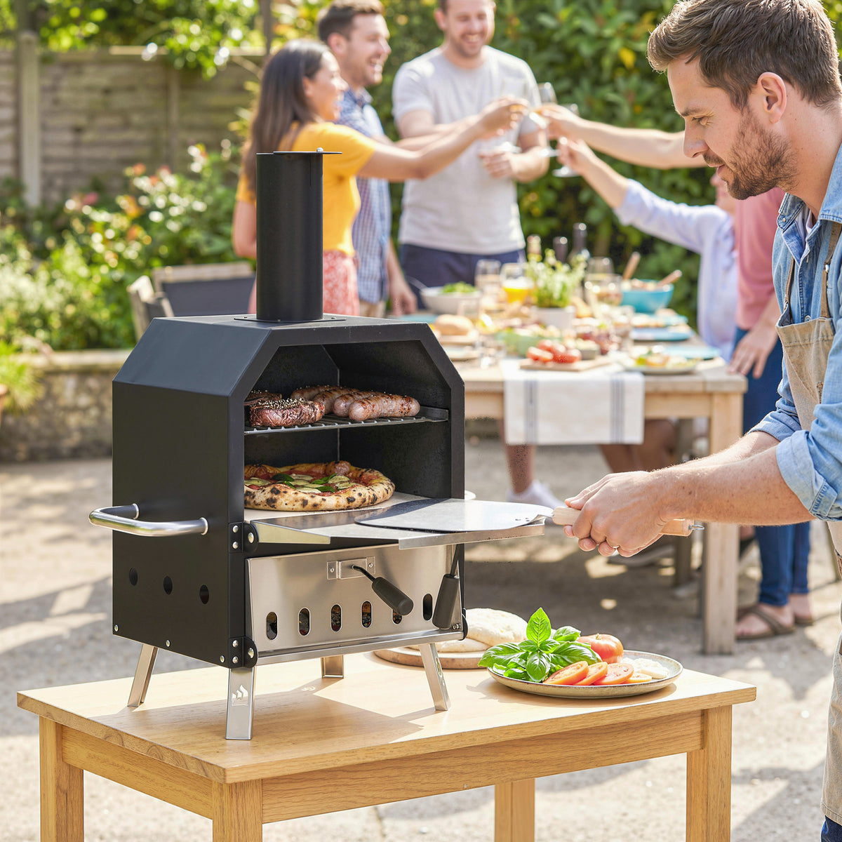 Outdoor Pizzaofen Holzbefeuerter Pizza Ofen Edelstahl 2 Ebene Backofen mit 1cm dick Pizzastein Klappbein
