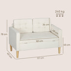 Zweisitzer-Sofa mit Stauraum, Knopfheftung, Kissen, Kautschukbaumholz, 117x62x78cm, Cremewei?