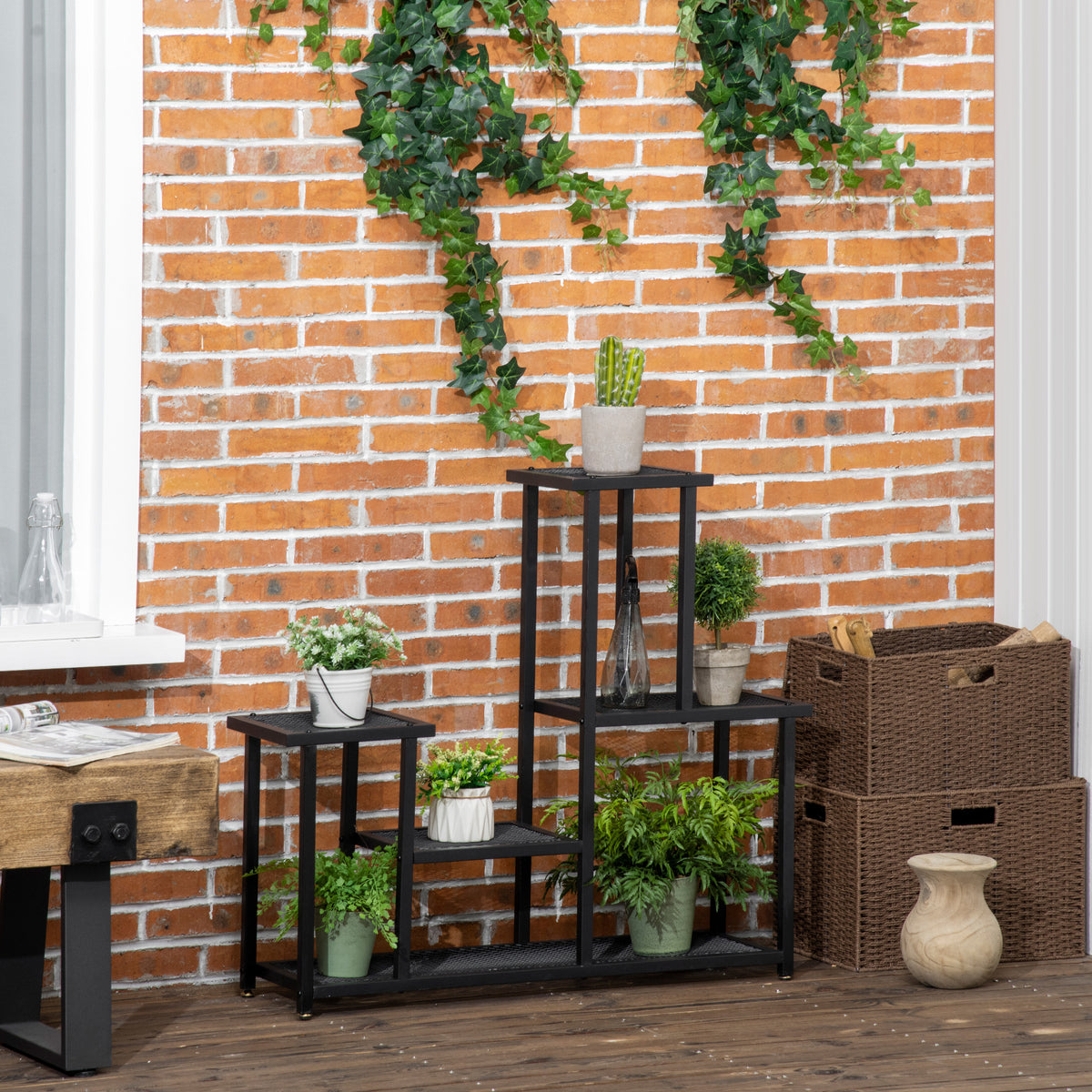 Pflanzenregal mit 4 Regalen, wetterbest?ndig, Blumentreppe, 91 cm x 25 cm x 83 cm, Schwarz