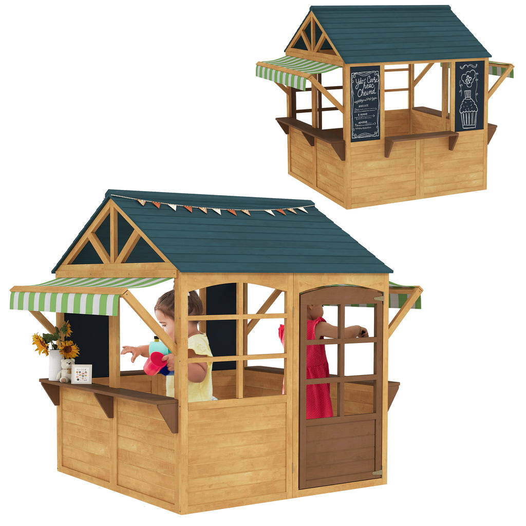 Kinderspielhaus aus Tannenholz, Faltbares Häuschen mit Fenstern, Tür, für Kinder im Alter von 3-8 Jahren, Braun+Blau