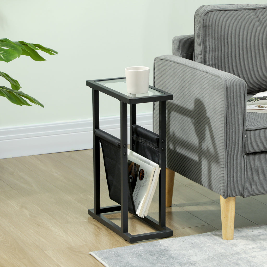 Beistelltisch aus Metall mit Stofftasche und Glasplatte, schmaler Tisch f¨¹r Wohnzimmer, Schlafzimmer, Schwarz