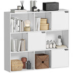 Bücherregal, 9 Fächern, 3 Türen, 6 offene Regale, für Wohnzimmer, Schlafzimmer, Spanplatte, Weiß