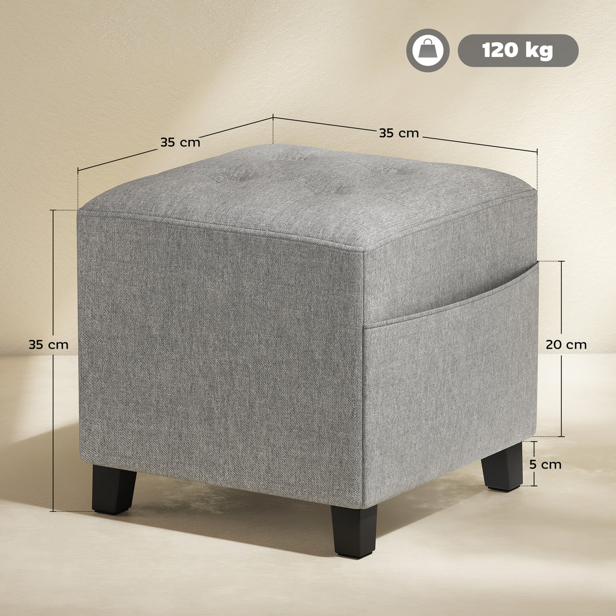 Quadratischer Hocker, kleiner Ottoman mit Seitentasche, Fußstütze aus Stoff in Leinenoptik mit Gummibaumholzbeinen, Hellgrau