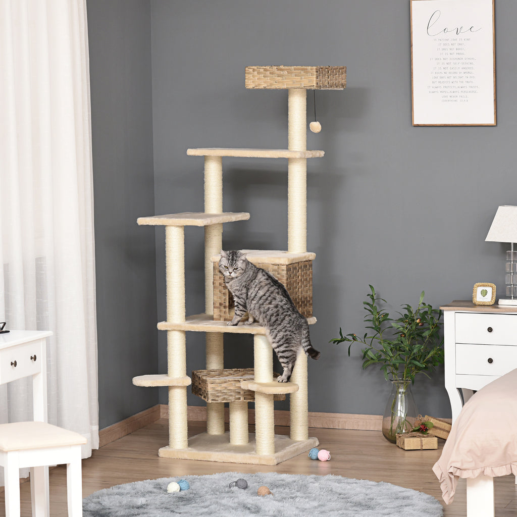 Rattan Kratzbaum mit Katzenhöhle Mehrstufiger Katzenbaum Kletterbaum für Katzen E1 MDF Sisal Beige+Braun 55 x 55 x 174 cm