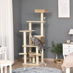 Rattan Kratzbaum mit Katzenhöhle Mehrstufiger Katzenbaum Kletterbaum für Katzen E1 MDF Sisal Beige+Braun 55 x 55 x 174 cm