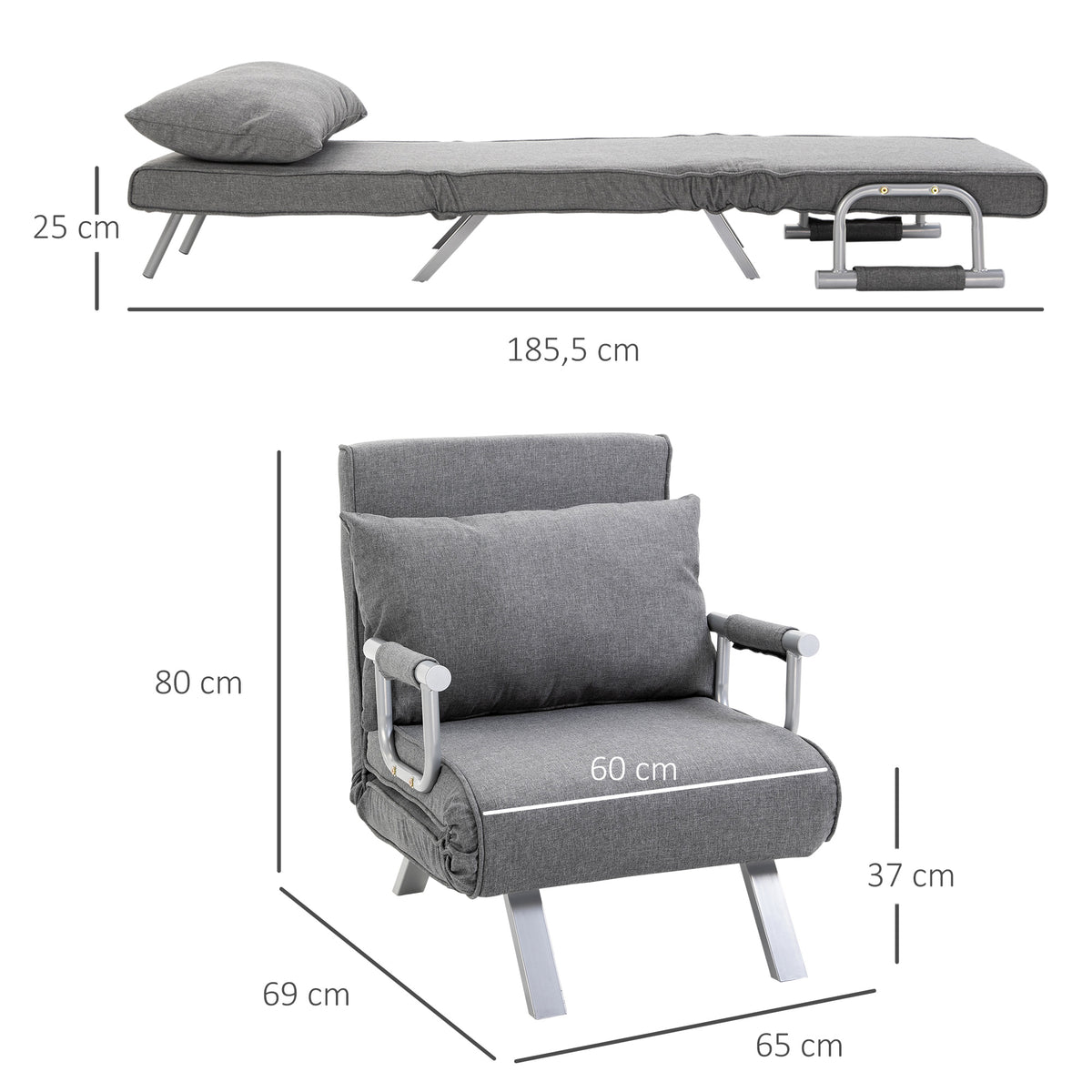 Relaxsessel Liegesessel Sessel, Liegefunktion, G?stebett, 65 cm x 69 cm x 80 cm, Grau