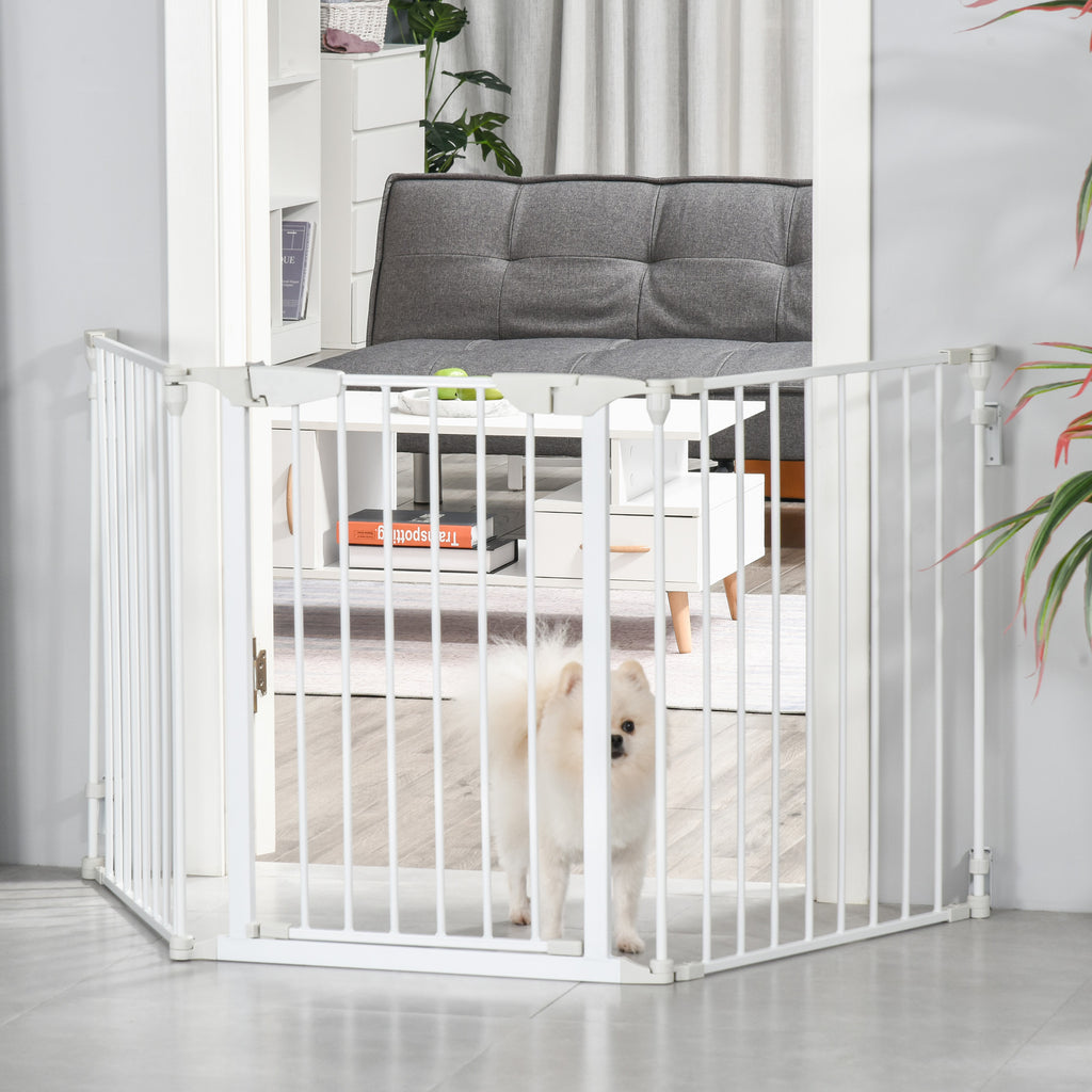 Pet Safety Gate, 3 Panels Playpen Fireplace, Foldable Metal Fence, Stair Barrier, Room Divider, Fire Guard w/ Automatic Closing Door, White