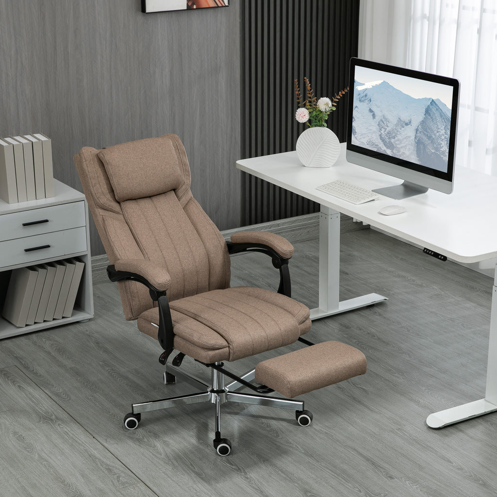 B¨¹rostuhl mit Massagefunktion, neigbare R¨¹cklehne, ausziehbare Fu?st¨¹tze, Leinenoptik, 65 x 61 x 118 cm, Braun