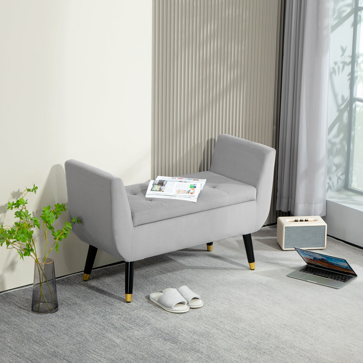 Sitzbank mit Stauraum und Armlehnen, Truhenbank, samtartiges?Polyester, Kautschukholz, Hellgrau, 107 x 42 x 65 cm