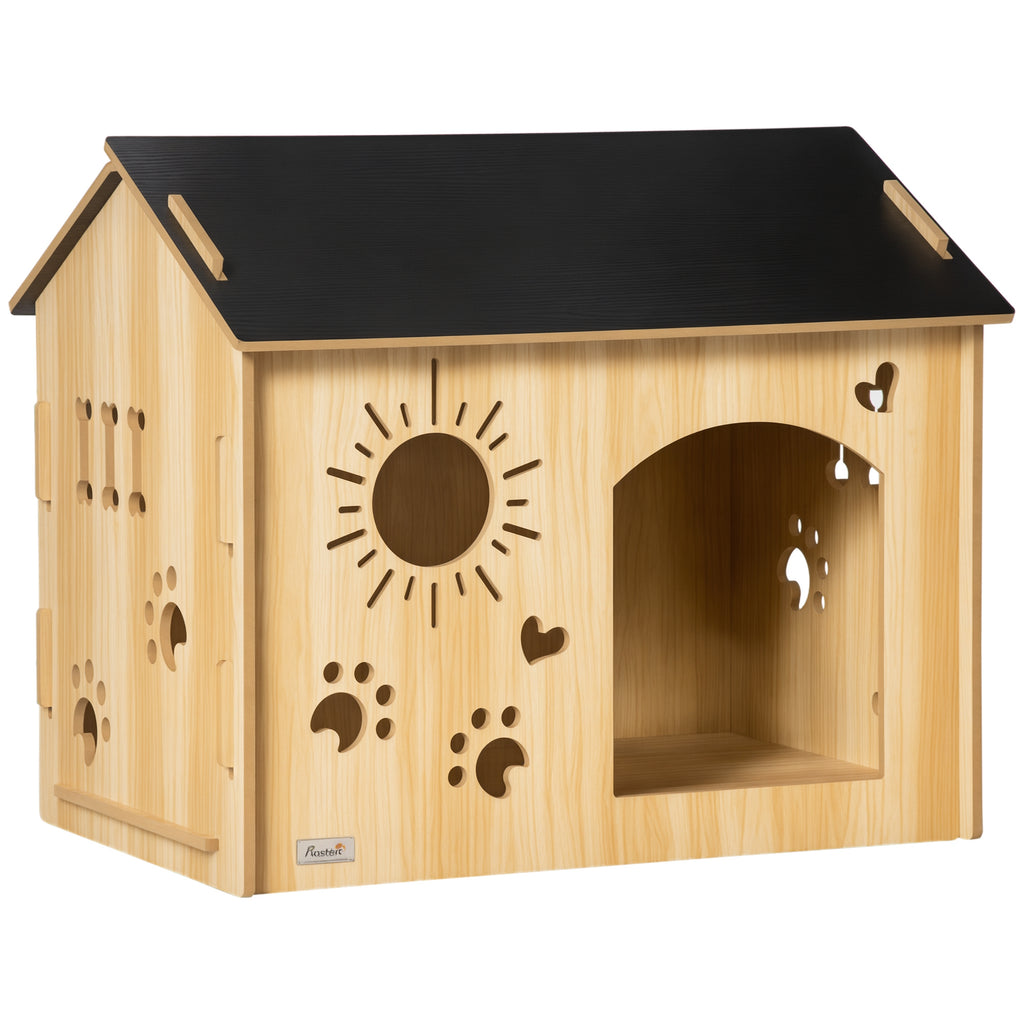 Hundehütte, mit Lüftungsöffnungen, wetterfest, Holzmaterial, Schwarz+Holzfarbe, 69 x 50 x 58,5 cm