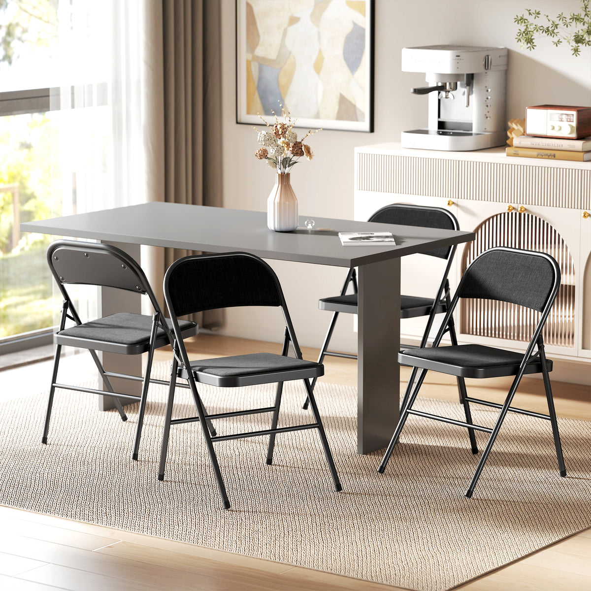 4er-Set Klappstühle, Tragbare Bürostühle, Metallbeine, Faltstuhl für Büro, Empfang, Wartezimmer, Leinenoptik, Schwarz