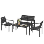 4 Piece Garden Furniture Set, Outdoor Sofa Set with HDPE Slatted Loveseat Armchairs Coffee Table Metal Frame, Black