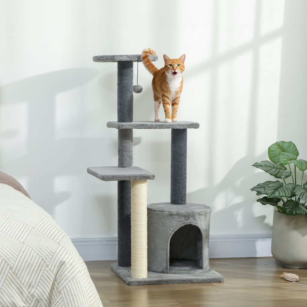 Kratzbaum 103 cm Katzenbaum mit Katzenhöhle, Plattformen, Sisal-Kratzsäulen, Plüschball für Katzen bis 5 kg, Grau