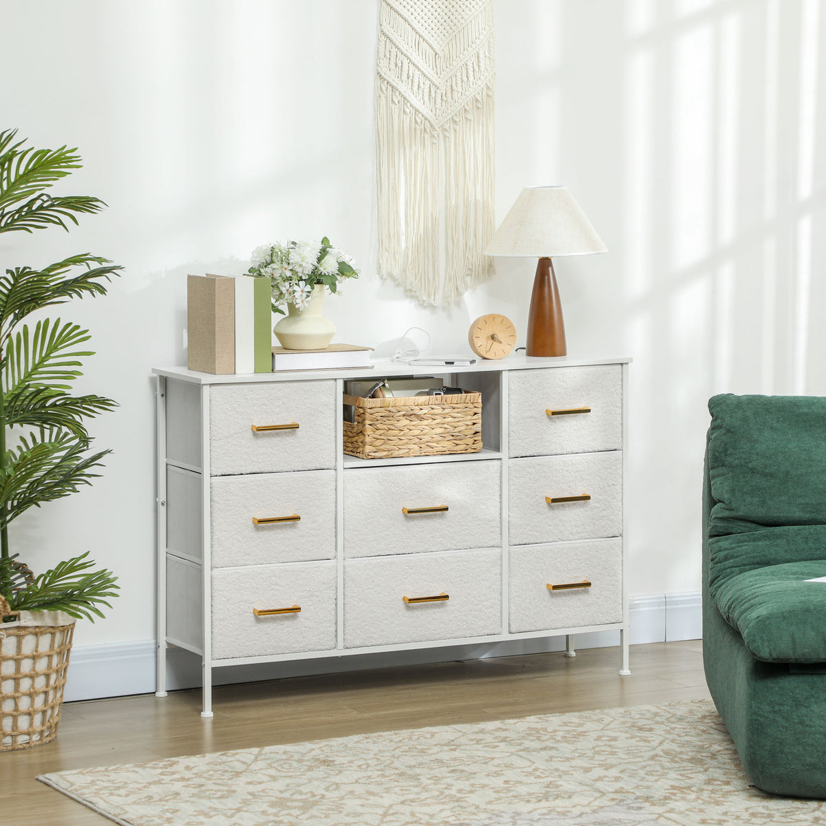 Kommode, Aufbewahrungsschrank mit 8 Schubladen aus Stoff, Steckdosenleiste, Stahlrahmen, Schubladenschrank f¨¹r Flur, Schlafzimmer, Wohnzimmer und B¨¹ro, Cremewei?