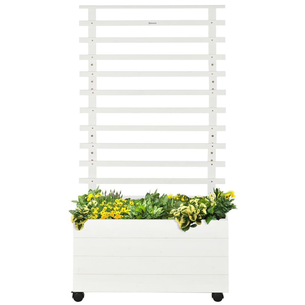 Pflanzkasten mit Spalier, 4 Räder, Naturholz, wetterfeste Lackierung, weiß, 76 x 30 x 155 cm