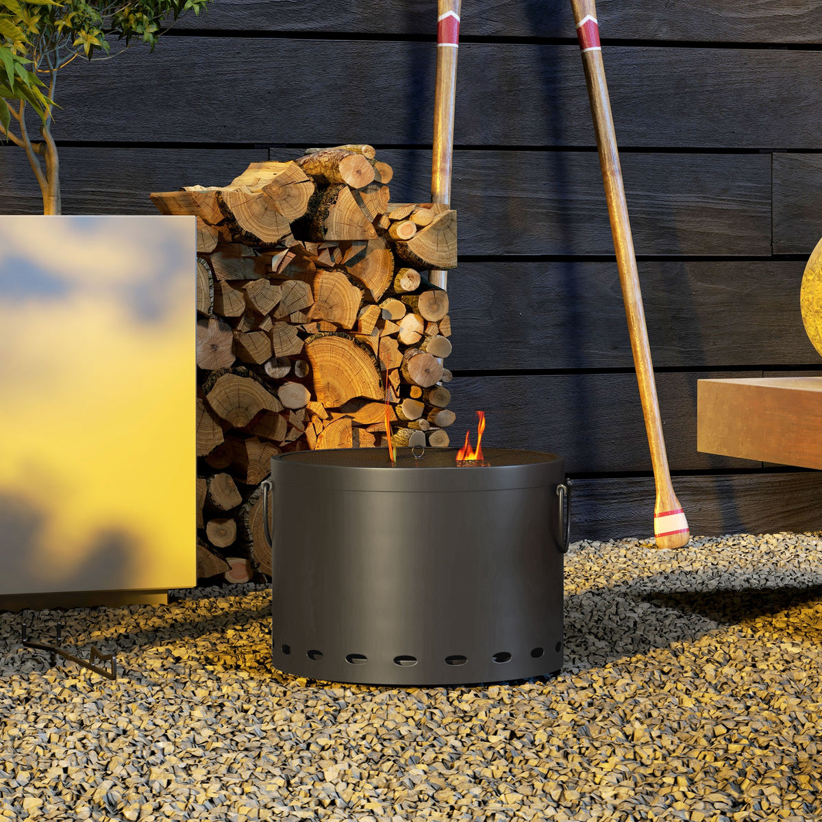  Smokeless Fire Pit, 38cm Portable Wood Burning Firepit with Spark Screen and Poker, Low Smoke Camping Bonfire Stove for Garden Patio Picnic, Dark Grey