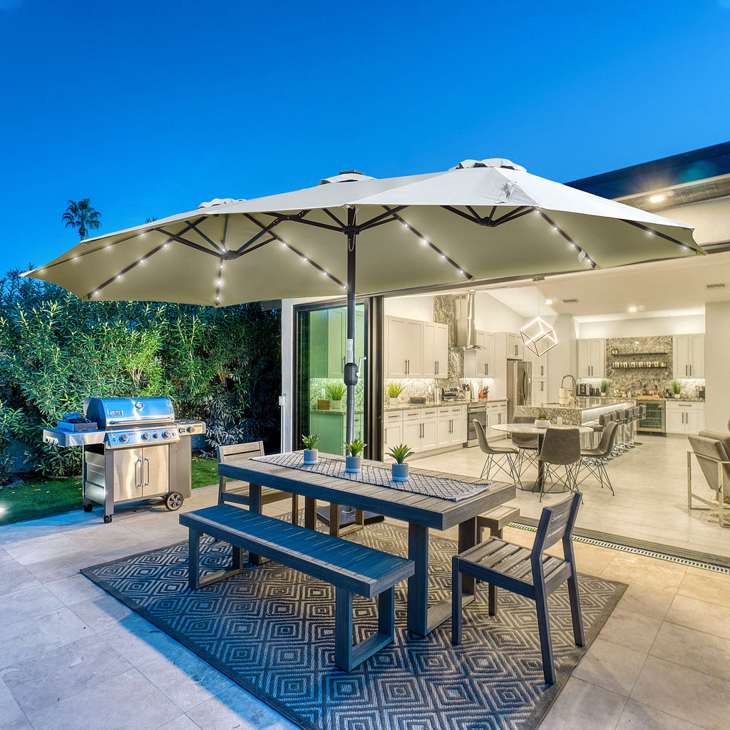 Doppelsonnenschirm mit Solar LED 450 x 265 cm, Sonnenschirm mit Handkurbel, oval Balkonschirm Strandschirm windfest stabil Marktschirm Kurbelschirm für Balkon Terrasse Garten, Hellgrau