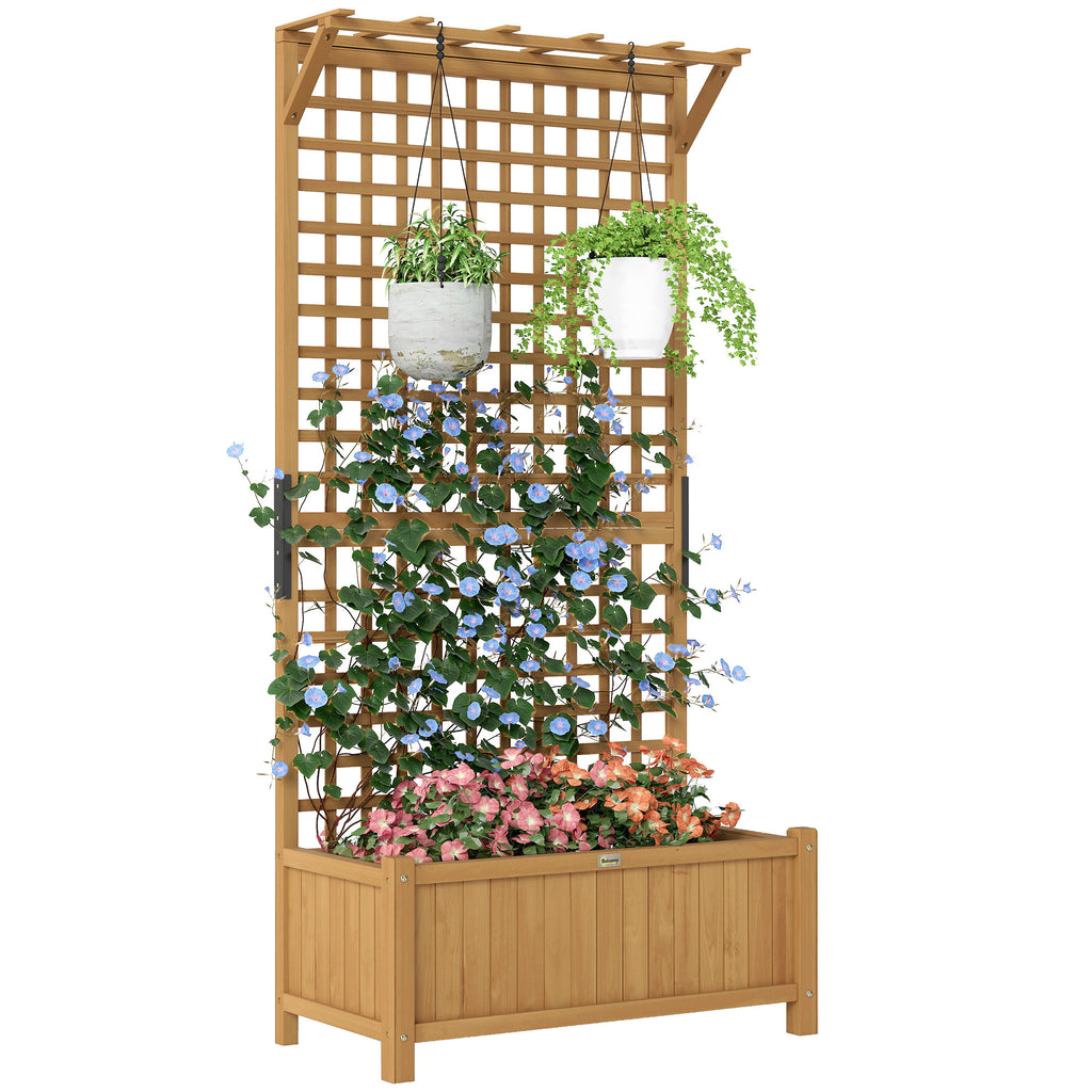 Raised Bed with Drainage Holes, Wood Planter with Trellis for Climbing Plants to Grow Vegetables, Flowers, Yellow