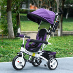 6 in 1 Kids Trike Push Bike w/ Push Handle, Canopy, 5-point Seat Belt, Storage, Footrest, Brake, for 1-5 Years, Purple