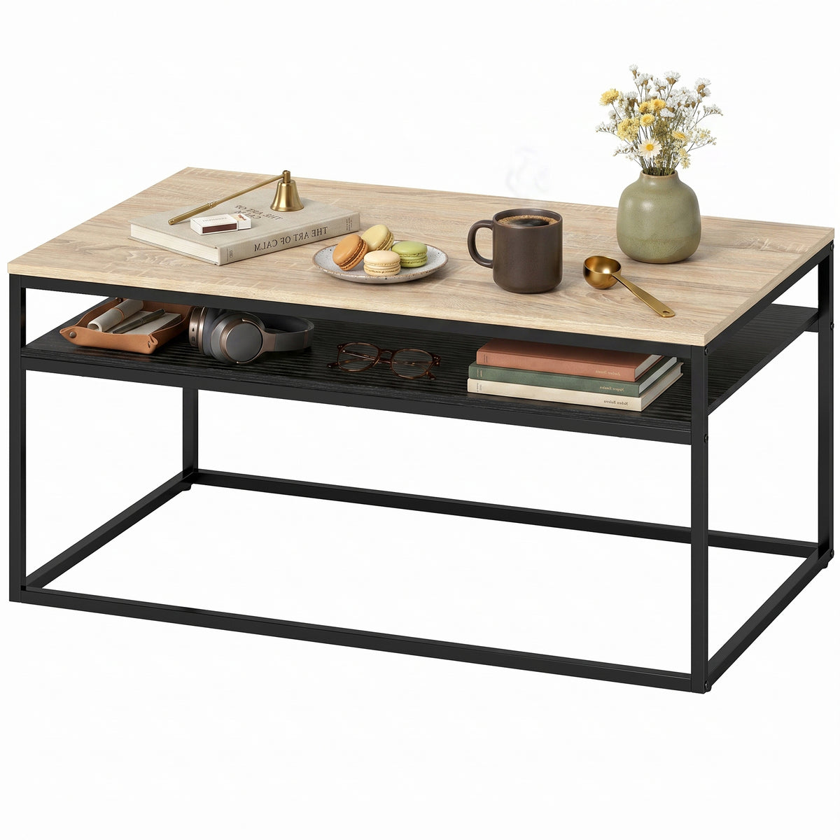 Couchtisch mit Ablage, moderner Industriestil, Wohnzimmertisch für Wohnzimmer, Schlafzimmer, 100 x 59,8 x 47 cm, Eiche