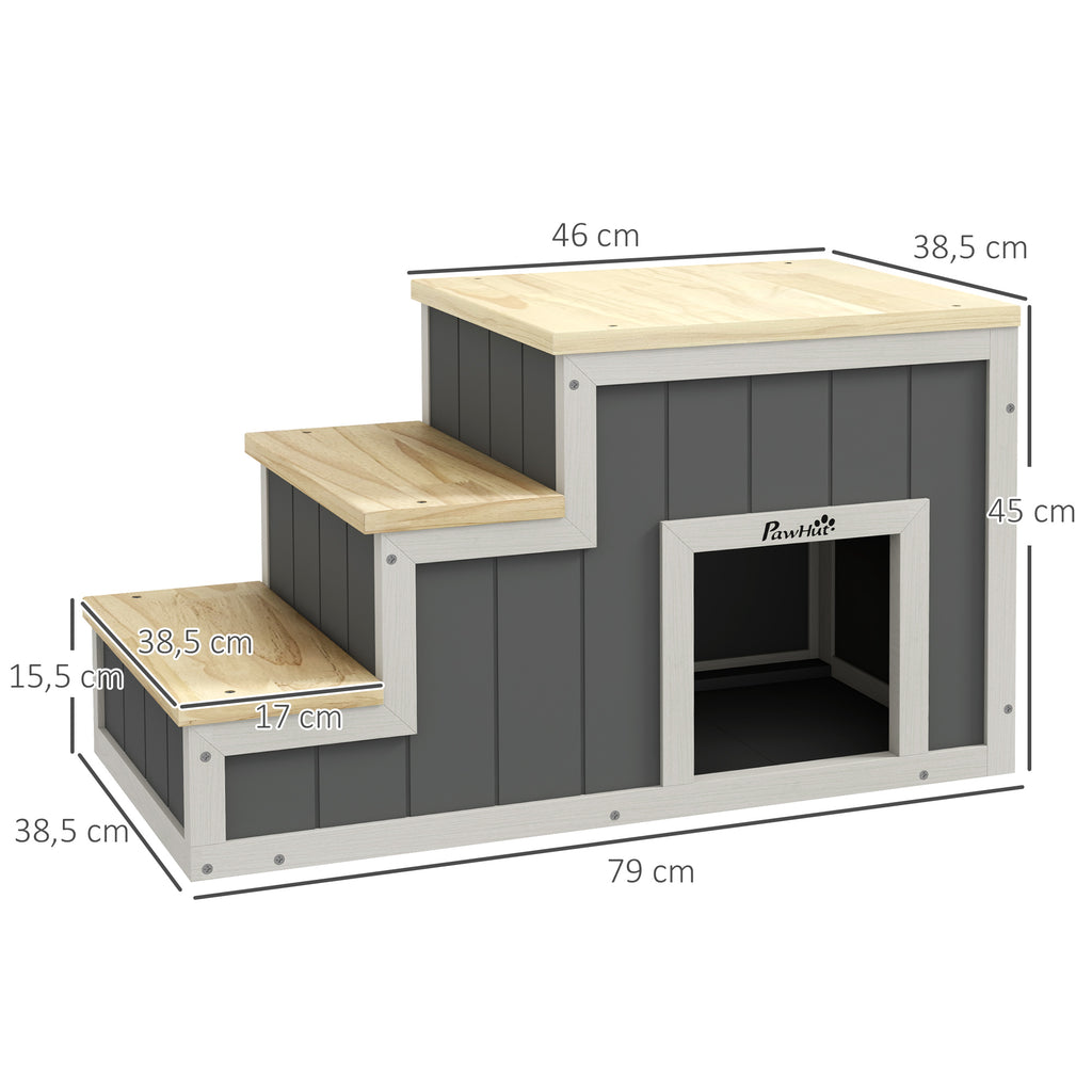 Haustiertreppe Hundetreppe, 3 Stufen, Kiefernholz, 79 cm x 38,5 cm x 45 cm, Natur + Wei?