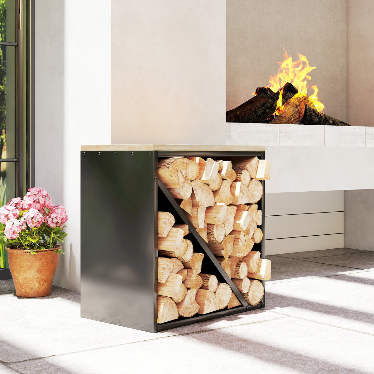 2-in-1 Kaminholzregal für innen 58 x 36 x 60cm erhöhtes Brennholzregal mit Trenner Metall Schwarz