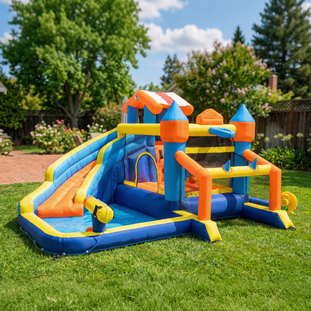 8-in-1 Hüpfburg mit Gebläse Rutsche Planschbecken Trampolin Kletterwand für Indoor Outdoor 350x325x210cm Mehrfarbig