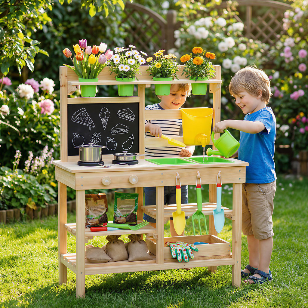 Kids Mud Kitchen, Outdoor Wooden Play Kitchen with Kitchenware & Garden Tools, Pretend Play Outdoor Toys, Natural