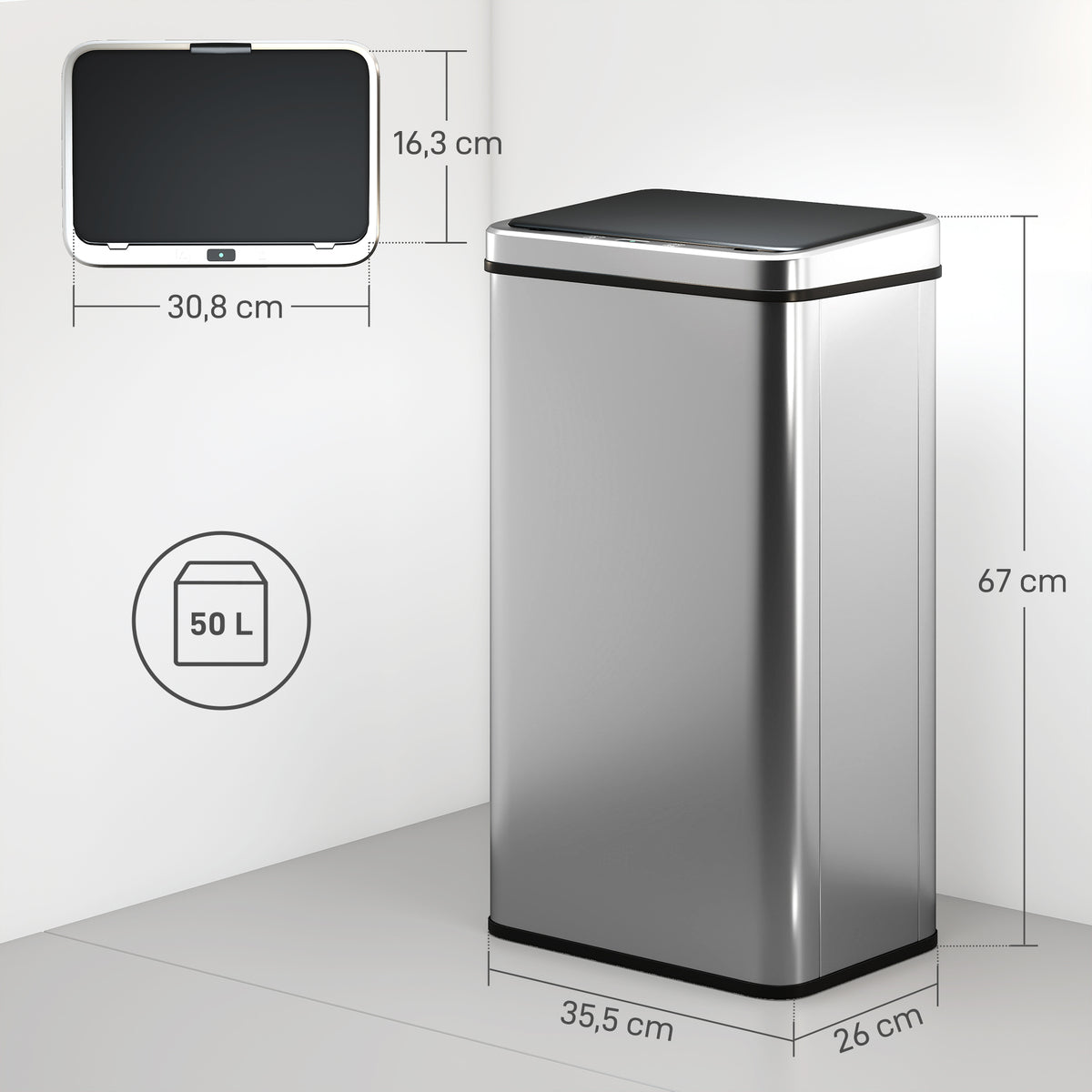 Sensor Mülleimer 50L Edelstahl Automatischer Mülleimer mit Soft-Close-Deckel Bewegungssensor 35,5 x 26 x 67 cm Silber