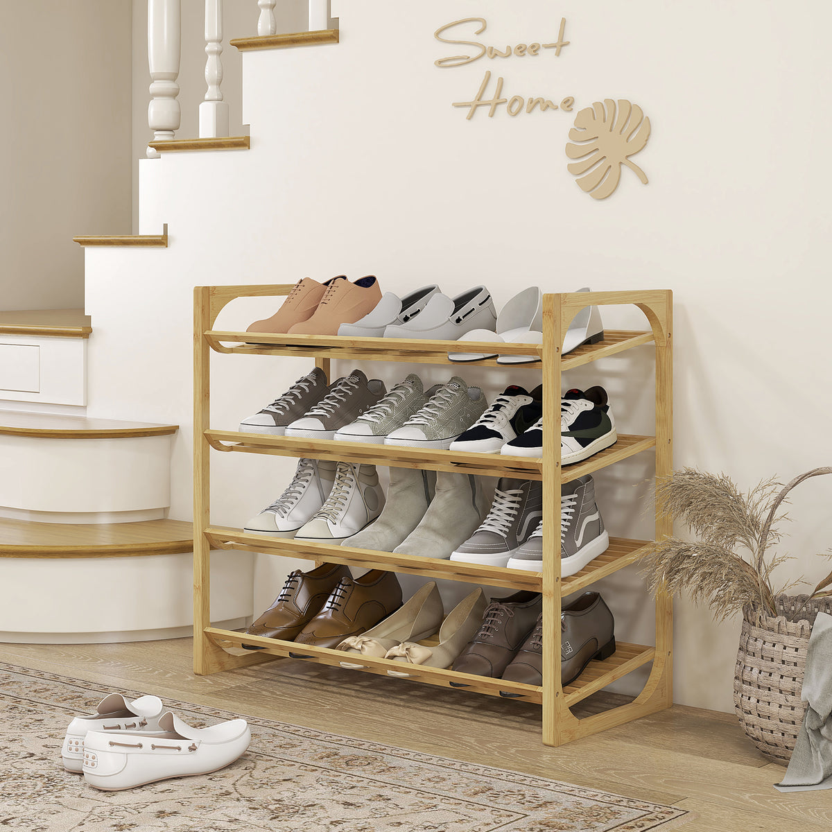 Schuhregal aus Bambus, 15,5 cm Regalh?he, bel¨¹ftetes Latten-Design, 76 x 33 x 67 cm, Naturholz-Effekt