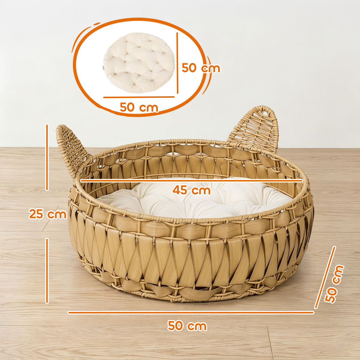 Katzenbett Rattan Katzenhöhle mit abnehmbares Kissen, Katzenkorb für Katzen bis 10 kg, 50 x 50 x 25 cm, Hellbraun