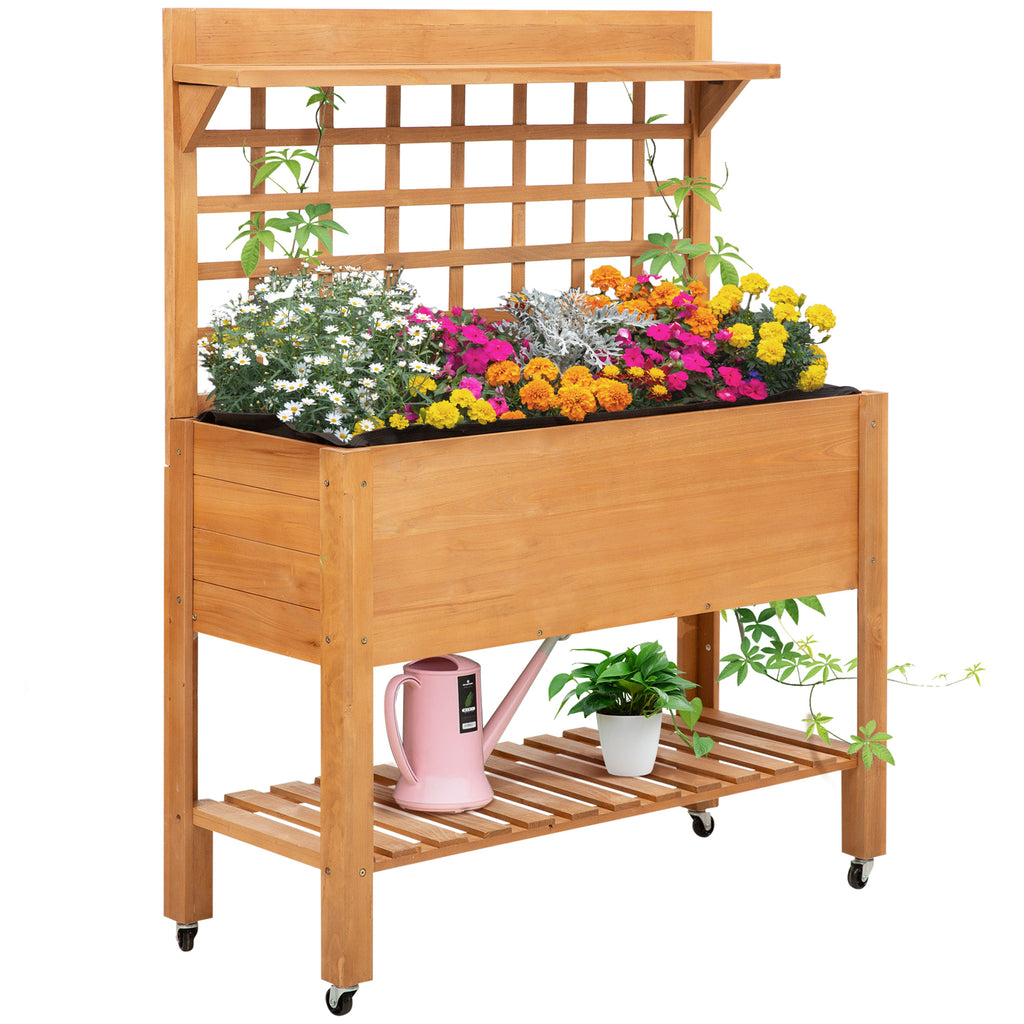 Hochbeet Pflanztisch Blumentisch Arbeitstisch G?rtnertisch Gew?chshaus Holzpflanztisch f¨¹r Garten Balkon, 105 x 40 x 135 cm, Tanne, nicht gewebter Stoff, Braun