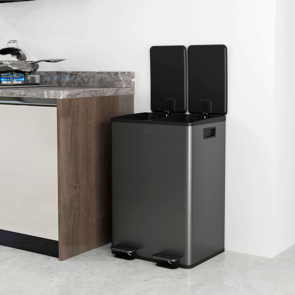 56L Dual Compartment Stainless Steel Bin, with Deodoriser Holders - Black