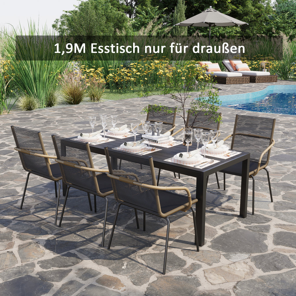  Gartentisch Kunststoff 190 x 84,5 x 72 cm Wetterfest, Holz Optik, Holzstrukur, rutschfest Buffettisch Campingtisch Balkontisch Terrassentisch Outdoor Esstisch für Garten, Balkon Schwarz