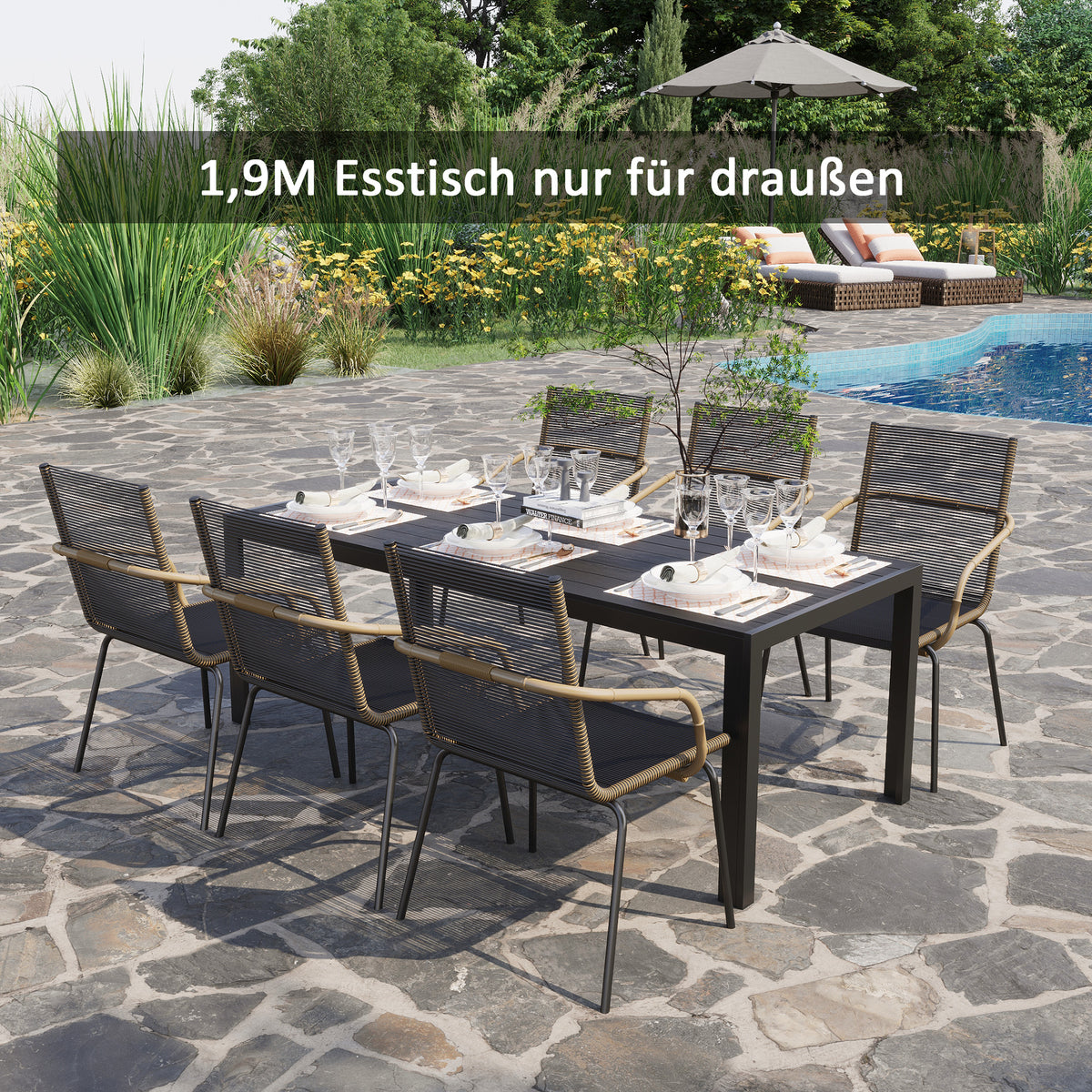  Gartentisch Kunststoff 190 x 84,5 x 72 cm Wetterfest, Holz Optik, Holzstrukur, rutschfest Buffettisch Campingtisch Balkontisch Terrassentisch Outdoor Esstisch für Garten, Balkon Schwarz