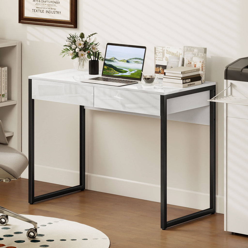 High Gloss Work Table, with Drawers - White