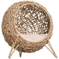 Rattan Elevated Cat Bed House Kitten Basket Ball-Shaped Pet Furniture w/ Removable Cushion - Natural