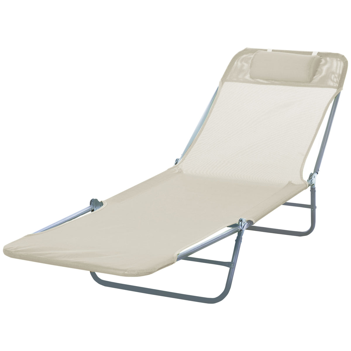 Folding Sun Lounger, Texteline Reclining Sun Bed with 5 Position Adjustable Backrest, Headrest, Beige