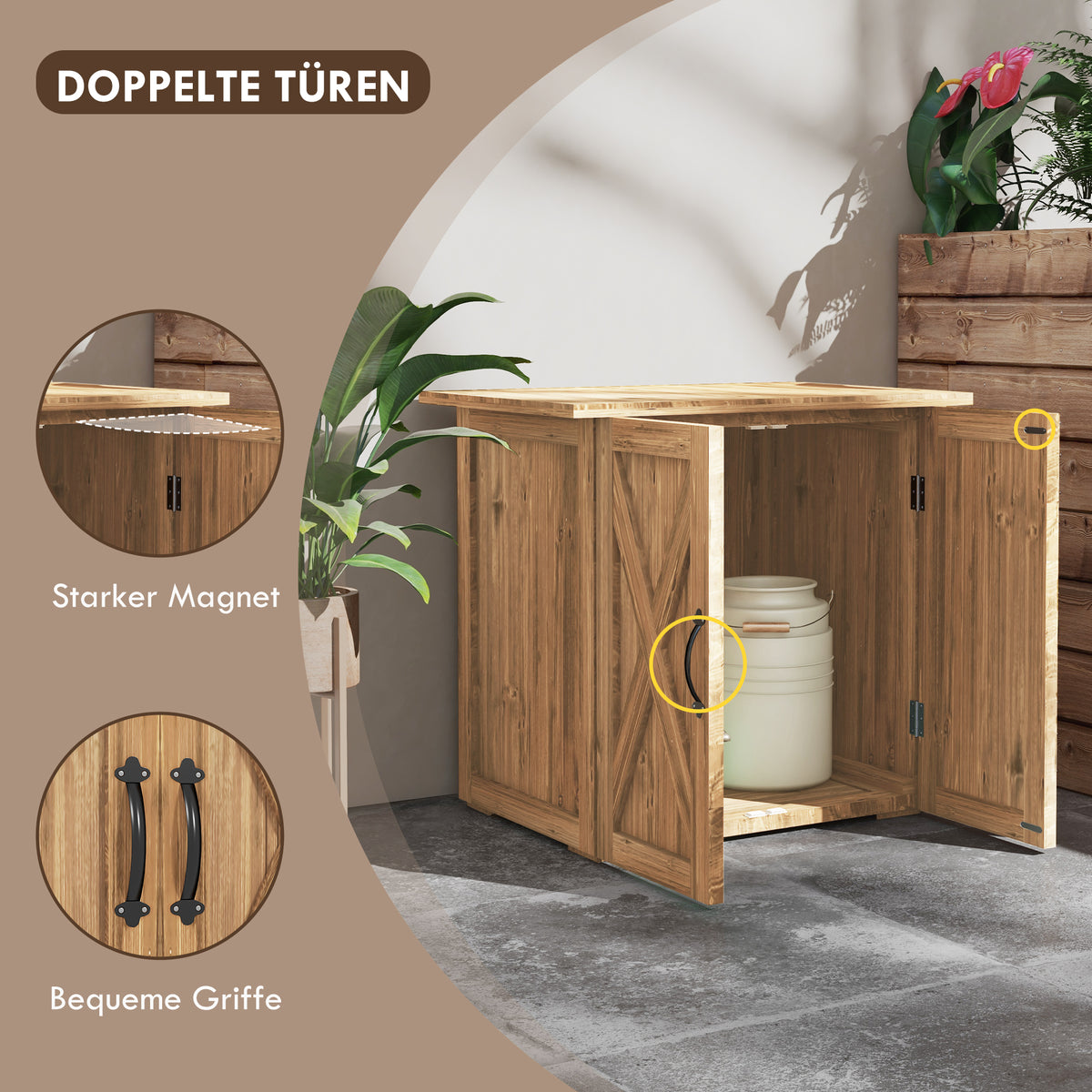 Gartenschuppen, Doppeltür, Magnetverschlüsse, Naturholz, 77B x 55T x 72H cm, Braun