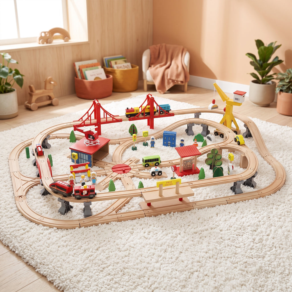 133-Piece Wooden Train Set, Toy Train with Crane, Storage Box, for Kids Ages 3+