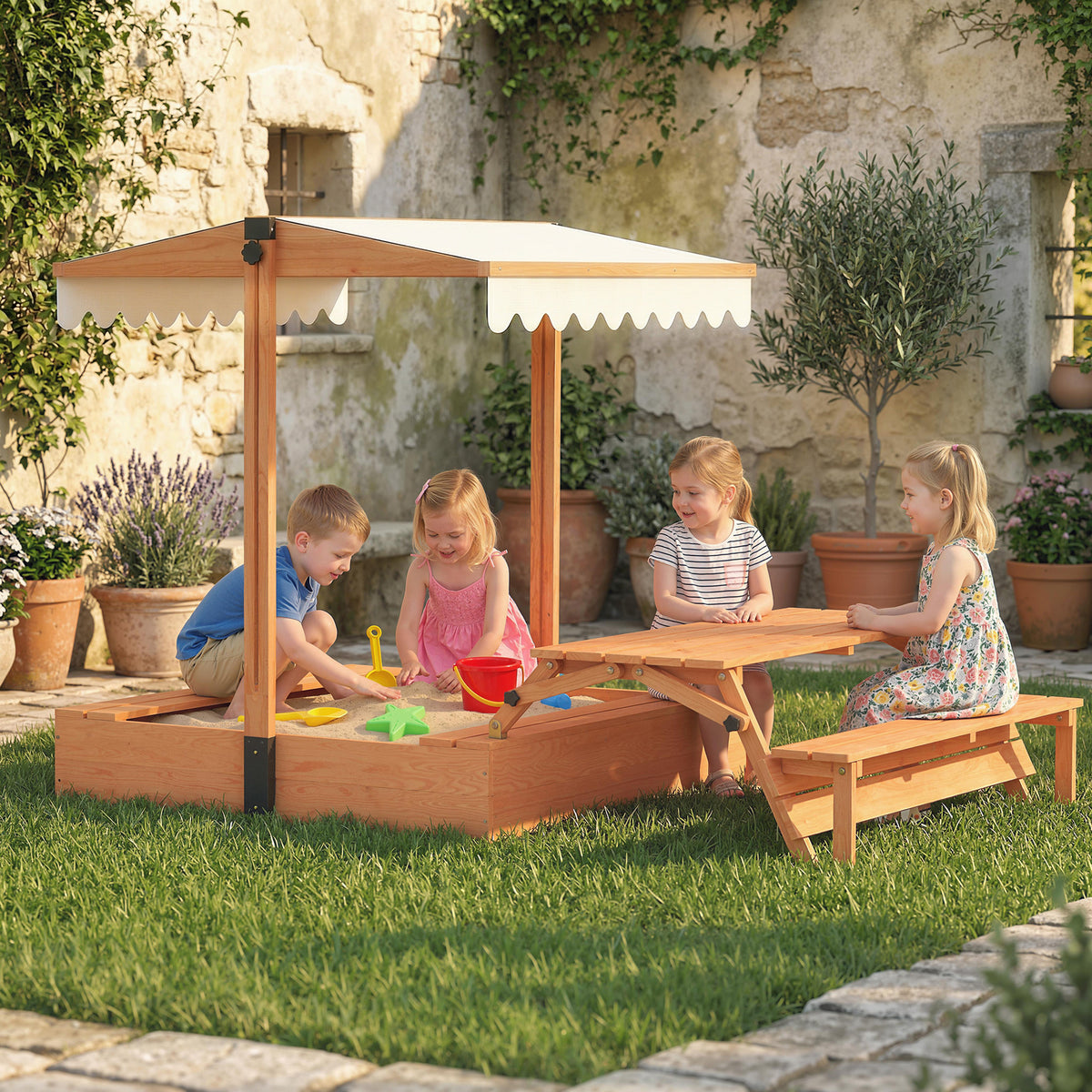 Sandkasten mit Dach Sandkiste aus Holz mit klappbarem Picknicktisch Sitzbänken für 3-8 Jahre 184 x 110 x 120 cm Braun