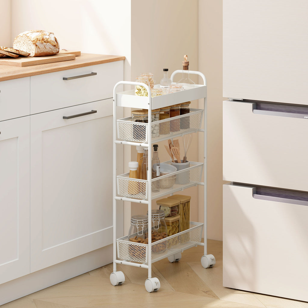 K¨¹chenwagen aus Metall, 3 K?rbe, schmales Design, 4 R?der, f¨¹r K¨¹che, Wohnzimmer, Badezimmer, Wei?