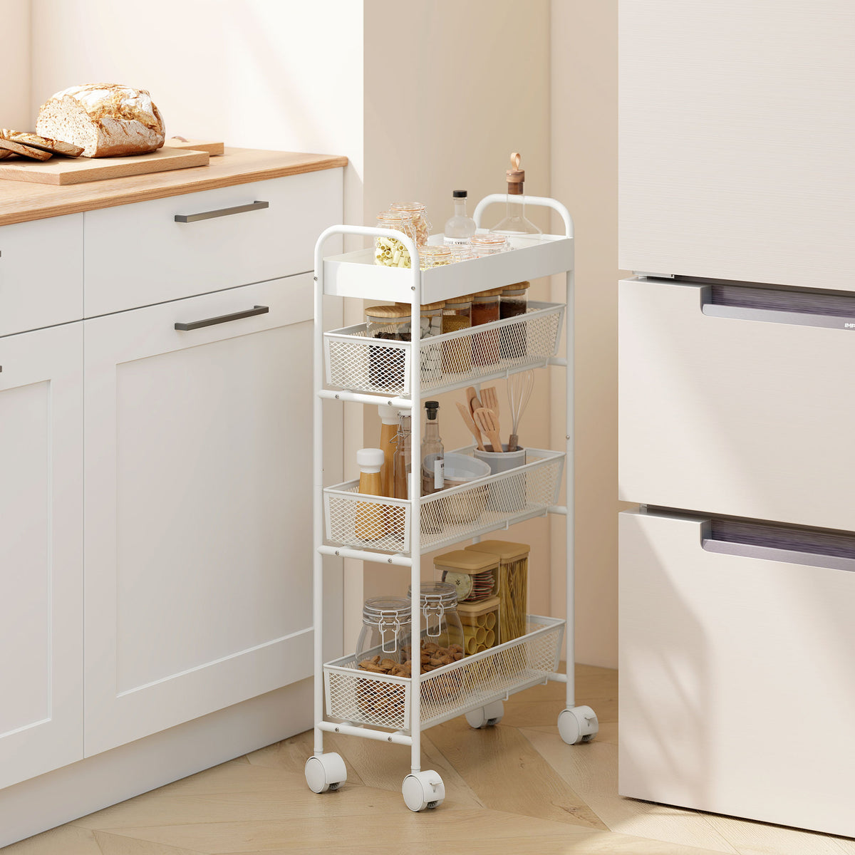 K¨¹chenwagen aus Metall, 3 K?rbe, schmales Design, 4 R?der, f¨¹r K¨¹che, Wohnzimmer, Badezimmer, Wei?