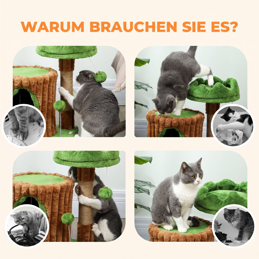 Kratzbaum 53 cm hoch Katzenbaum mit Höhle, Baumstamm-Design, Jutestämme, 2 Bälle für 1-2 Katzen unter 5 kg, Braun+Grün