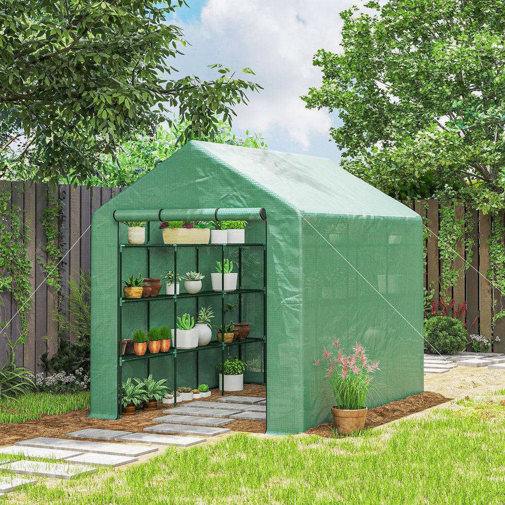 Foliengewächshaus begehbares Gewächshaus mit 8 Regalebenen Tomatengewächshaus Treibhaus Frühbeet mit Tür Grün Stahl PE-Kunststoff 244 x 180 x 210 cm